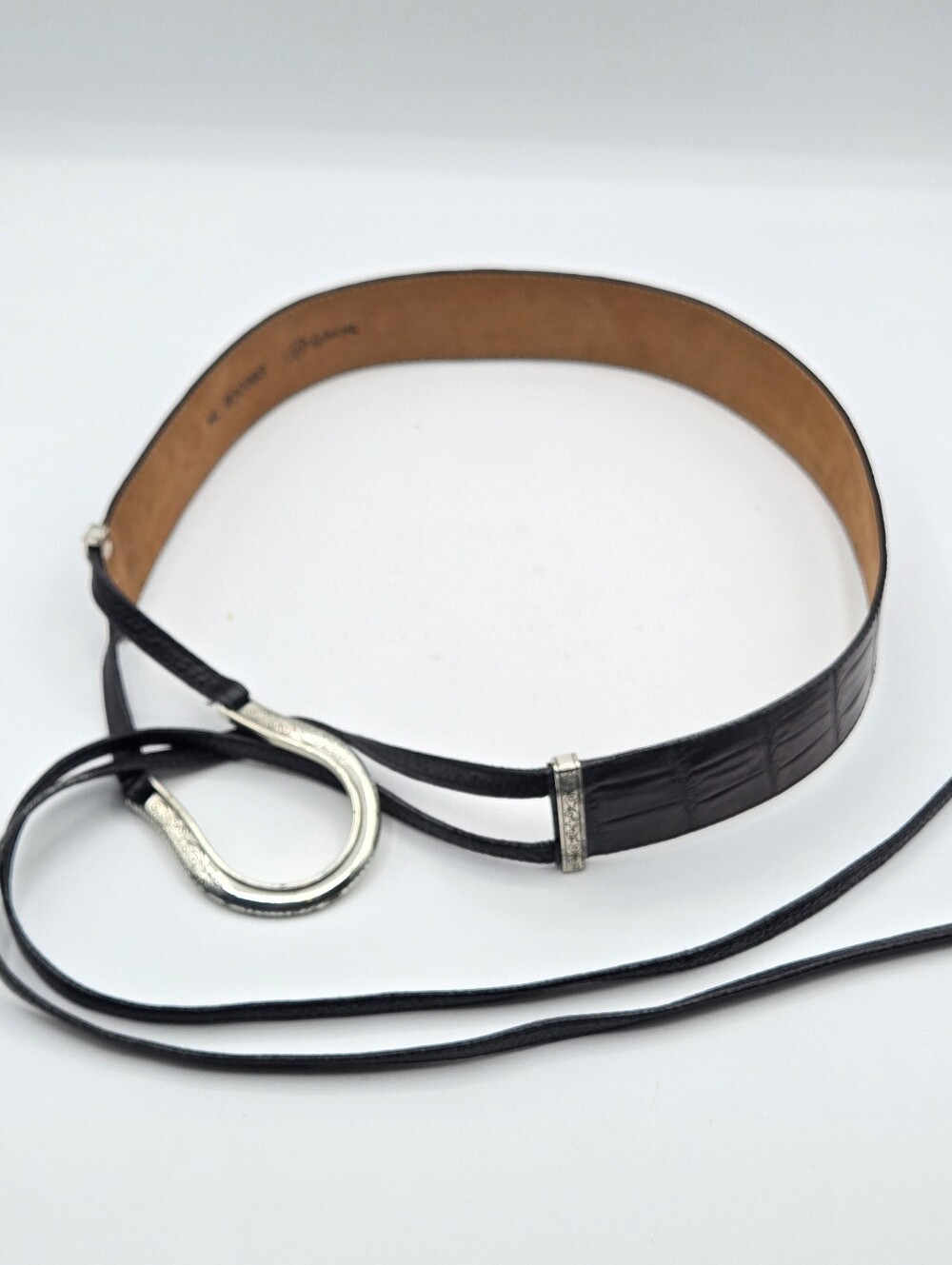 Brighton Vintage Mock-Crocodile Embossed Leather Lariat Gringe Tie Belt SZ M/L